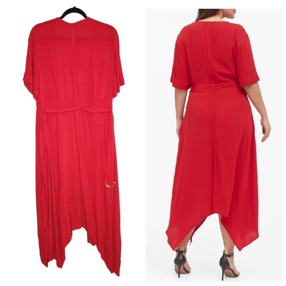 Banana Republic handkerchief hem red wrap midi dress. Belted. Size 12. Pockets - Picture 3 of 16
